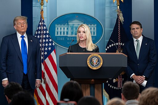 President Donald Trump holds a press conference with Attorney General Pam Bondi and Deputy Attorney General Todd Blanche in the James S. Brady Press Briefing Room