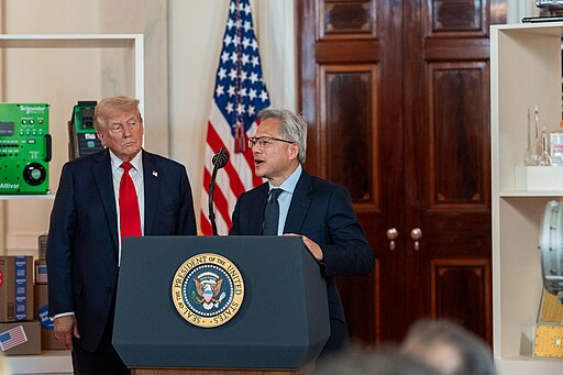 NVIDIA CEO Jensen Huang with President Donald Trump looks on during an “Investing in America” event in the Cross Hall of the White House.