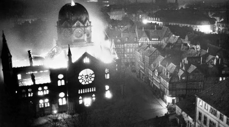 A burning synagogue in-Hanover Germany during Kristallnacht.