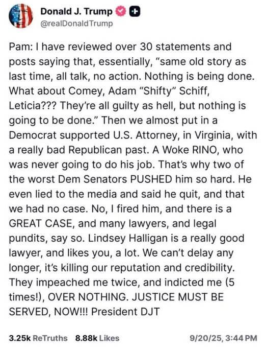 Trump accidentally posted a private message urging Attorney General Pam Bondi to target James and others publicly.